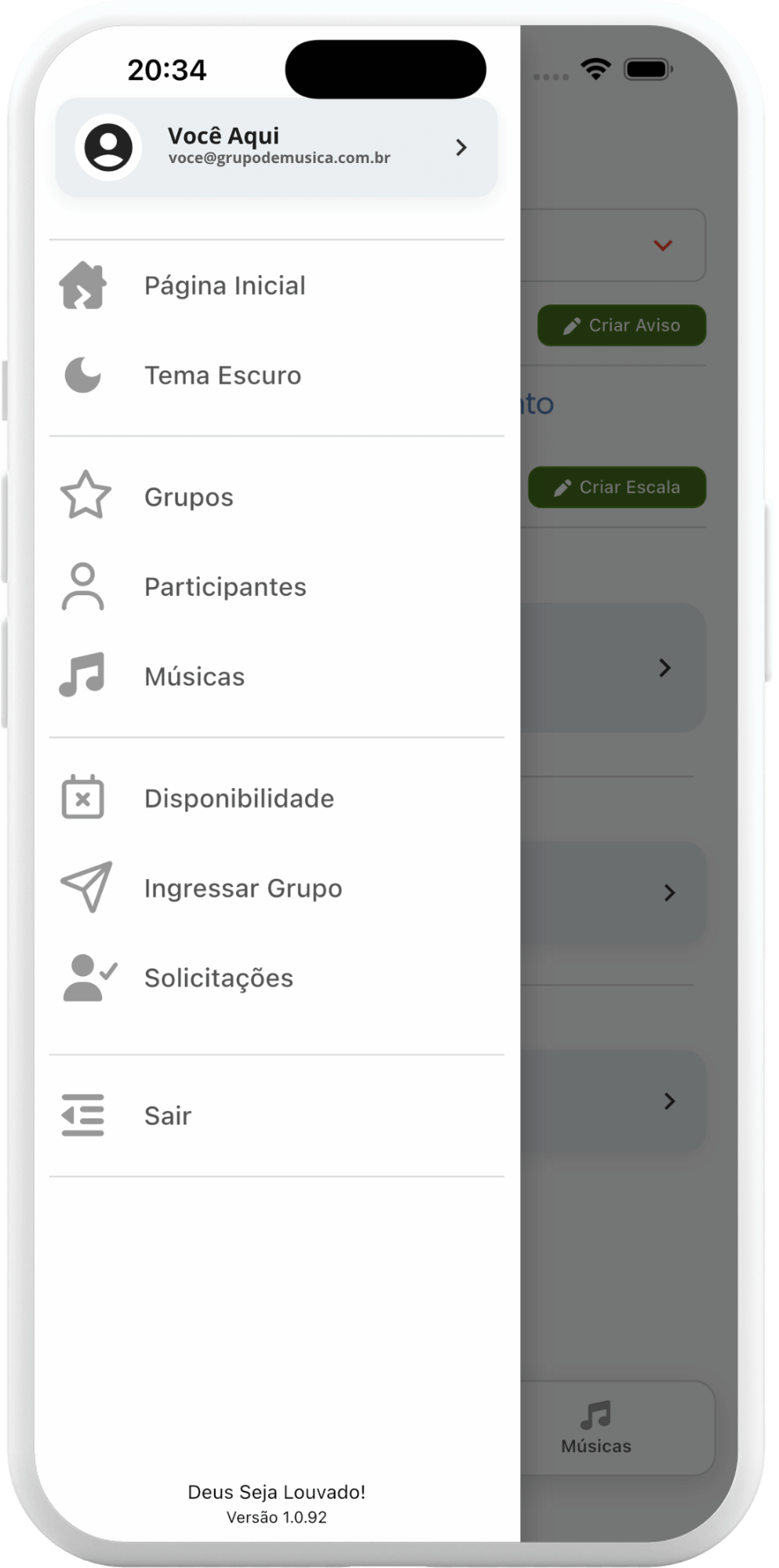 Tela do aplicativo Grupo de Música