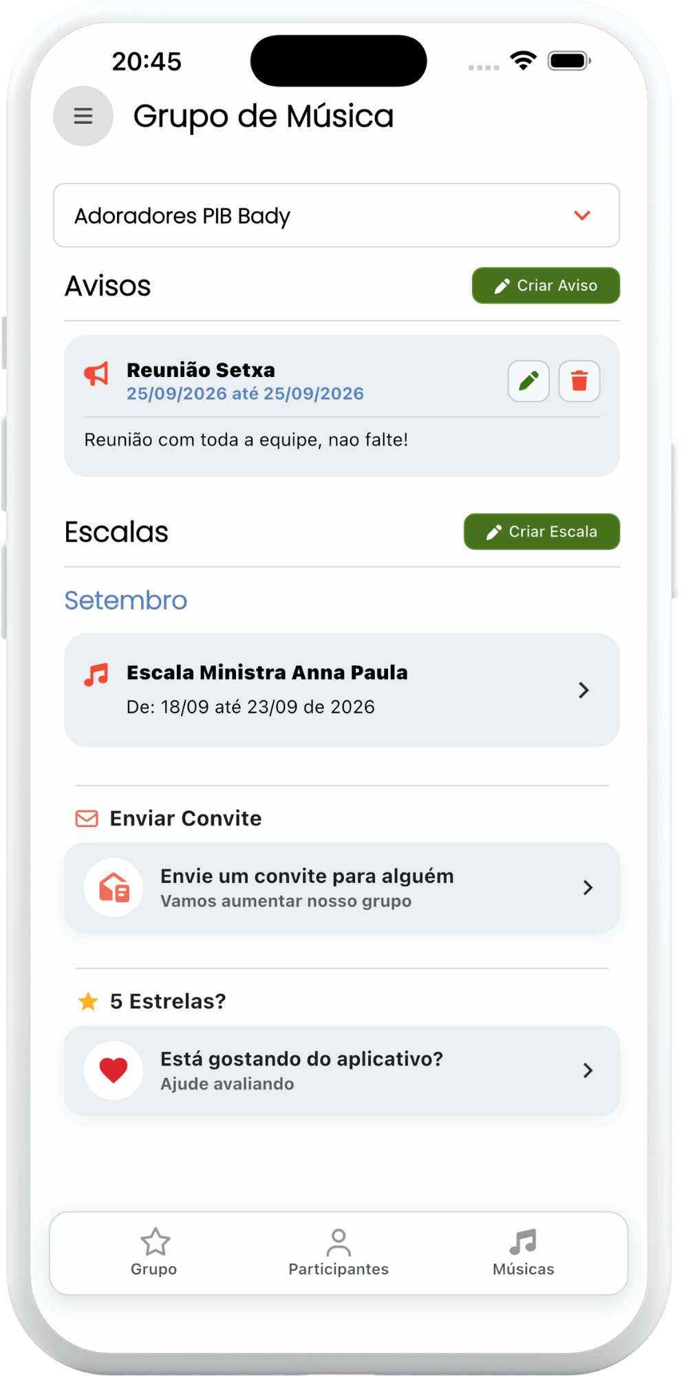 Tela do aplicativo Grupo de Música